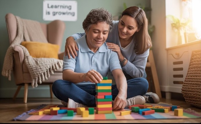A well-lit, white classroom with a large whiteboard wallpapered with colorful Learning square that likely represents HTW. ...
