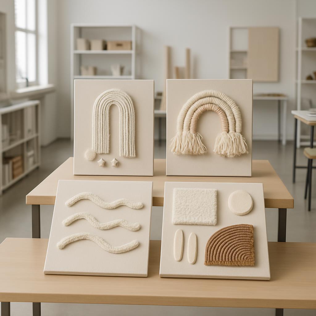 A table with four framed artworks featuring abstract designs, likely created using yarn or string, in an art studio, the f...