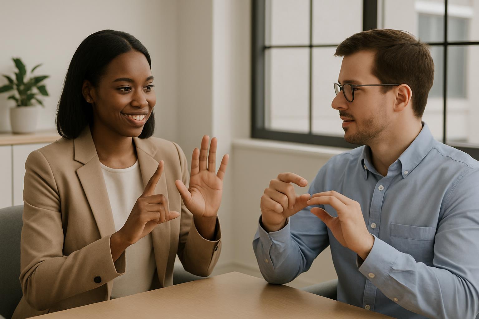 Two people sitting at a table, communicating with hand gestures, likely signing or using sign language, in an office with ...
